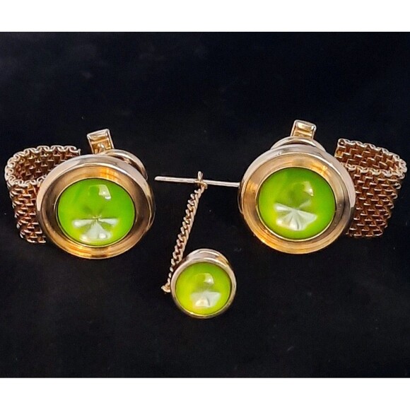 Unbranded Other - Vintage Green Cobochon Gold Mesh Wrap Around Cuff Link Tie Tack Set Estate Jewel